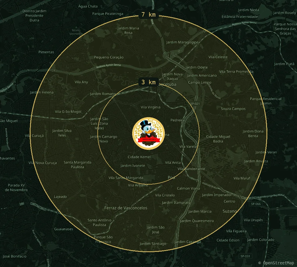 Mapa de Itaquaquecetuba com a Adega do Zaca no centro e os raios de entrega de 3 km e 7 km